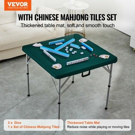 Mahjong Table with Mahjong Tiles Set Fold-in-Half 4 Player Card Table with 144PCS Majiang Tiles and 3 Dice Portable Bi-Folding Domino Table