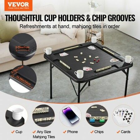 Mahjong Table Square 4 Player Folding Card Table with 4 Cup Holders & 4 Chip Trays Portable Domino Game Table with 1 Set of Dominoes