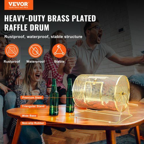 Raffle Drum 16.1 x Ø12 inch Brass Plated Raffle Ticket Spinning Cage Holds 5000 Tickets or 200 Ping Pong Balls Metal Lottery Spinning Drawing with Wooden