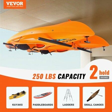 Kayak Storage Rack Ceiling Mounted Ceiling Storage Rack for 2 Kayak Canoe SUP Adjustable Height Overhead Kayak Holder Hanger with Padded Arms