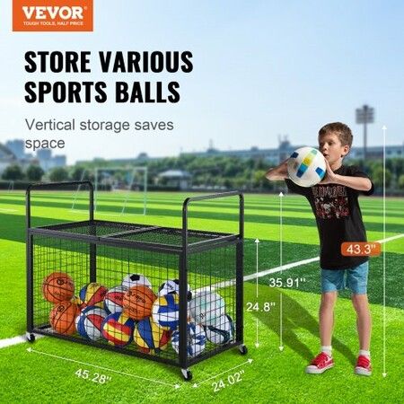 Rolling Sports Ball Storage Cart Lockable Basketball Cage with Double Lids Sport Equipment Holder Organizer for Indoor Outdoor Steel Storage Rack