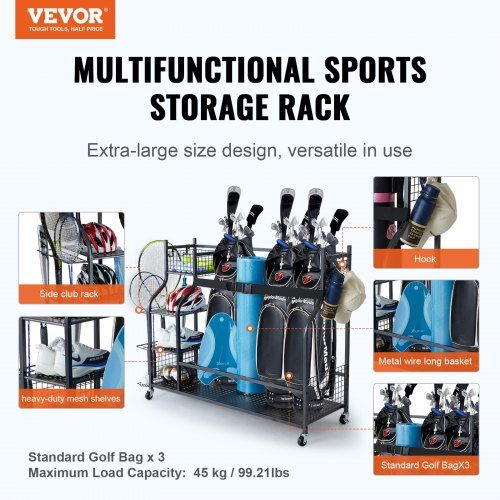 Golf Storage Garage Organizer 3 Golf Bag Stand Holder and Other Sports Equipment Storage Rack Rolling Ball Cart on Wheels Outdoor Sport Gear & Toy Storage