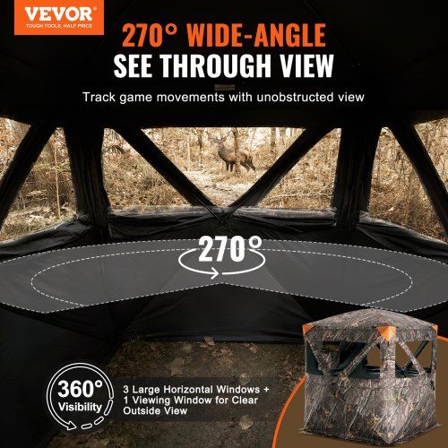 Hunting Blind 270 degree See Through Ground Blind 1-2 Person Pop Up Deer Blind with Carrying Bag Portable Resilient Hunting Tent 3 Horizontal Windows