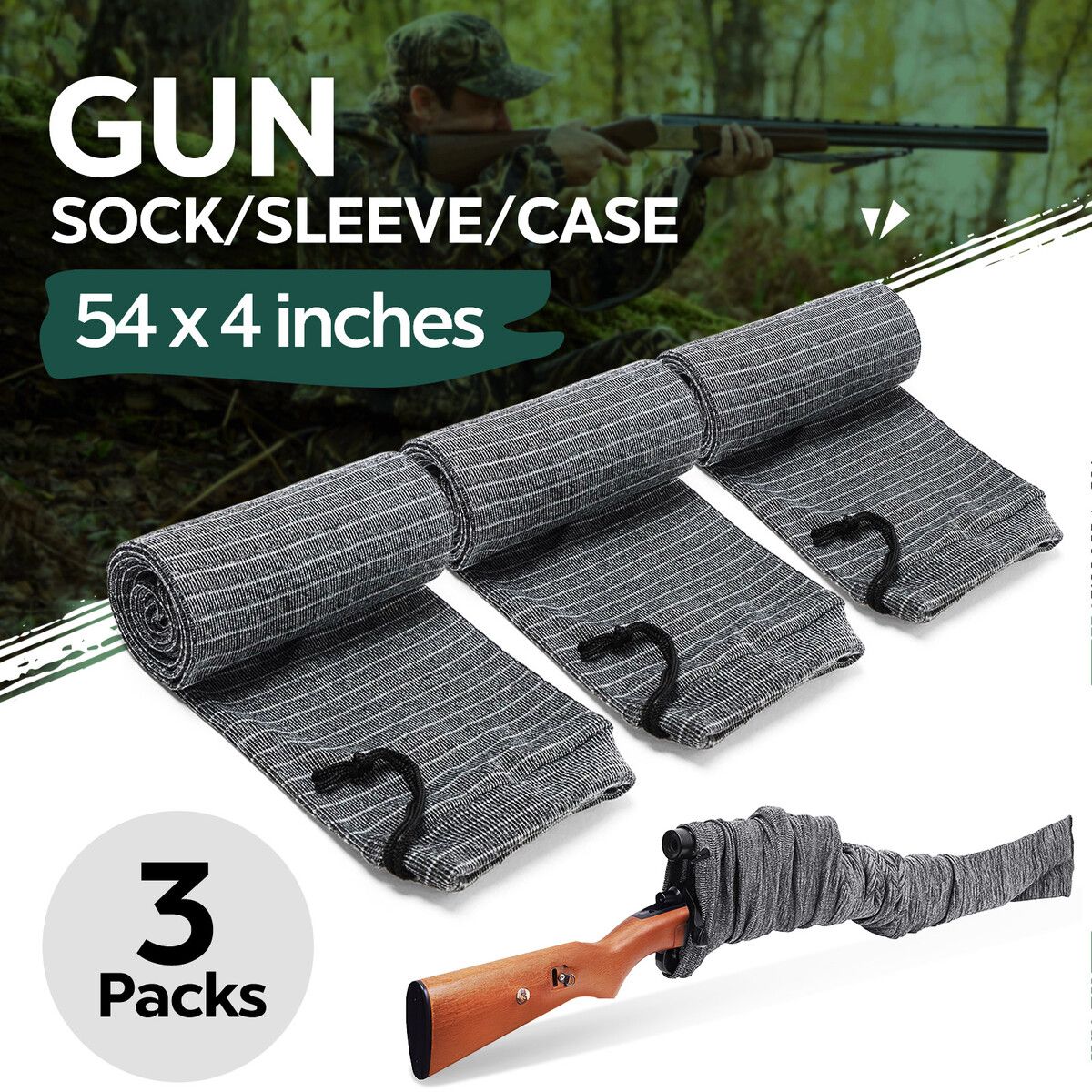 3pcs Gun Shotgun Socks Rifle Cases Pistol Sleeves 137x10cm Handgun Airsoft Storage Protector Silicone Treated Fabric Knit with Drawing Closure Grey