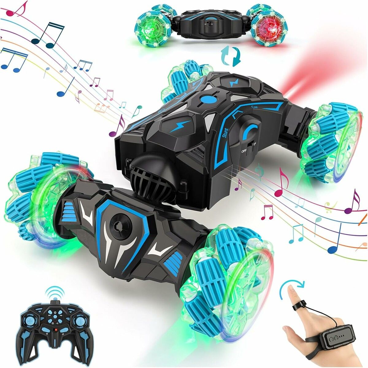 Gesture Sensing Remote Control Stunt Car Toys, 2.4gHz 4WD Hand Controlled 360 Degree Rotating Transform Drift Car Birthday Gift for Kids (Blue)