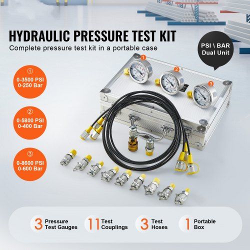 Hydraulic Pressure Test Kit 250/400/600bar 3 Gauges 11 Test Couplings 3 Test Hoses Excavator Hydraulic Test Gauge Set with Portable Carrying Case