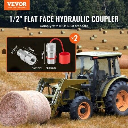 1/2" Flat Face Hydraulic Couplers 1/2" NPT Skid Steer Couplers 4 Dust Caps