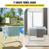 Pool Towel Rack 5 Bar White Freestanding Outdoor PVC T-Shape Poolside Storage Organizer Include 8 Towel Clips Mesh Bag Hook Also Stores Floats and Paddles