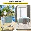 Pool Towel Rack 5 Bar White Freestanding Outdoor PVC T-Shape Poolside Storage Organizer Include 8 Towel Clips Mesh Bag Hook Also Stores Floats and Paddles