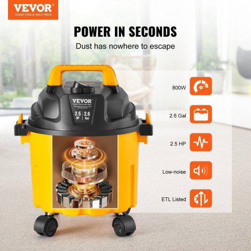 Wet/Dry Shop Vacuum Vac 10L 2 Peak HP w/ Nozzle Rich Attachments Yellow