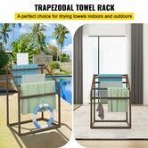 Pool Towel Rack 5 Bar Brown Freestanding Outdoor PVC Trapedozal Poolside Storage Organizer Include 8 Towel Clips Mesh Bag Hook Also Stores Floats & Paddles