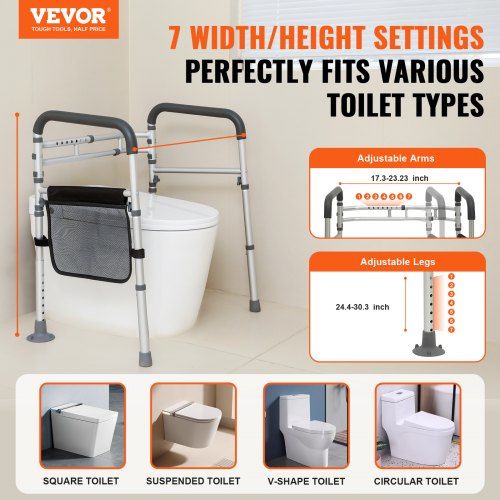 Toilet Safety Rail Folding Toilet Seat Frame Adjustable Width & Height Fit Most Toilets Supports 136kg Stand Alone Toilet Handles Grab Bars with Padded Arm