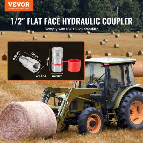 1/2" Flat Face Hydraulic Couplers 1/2" NPT Skid Steer Couplers 2 Dust Caps