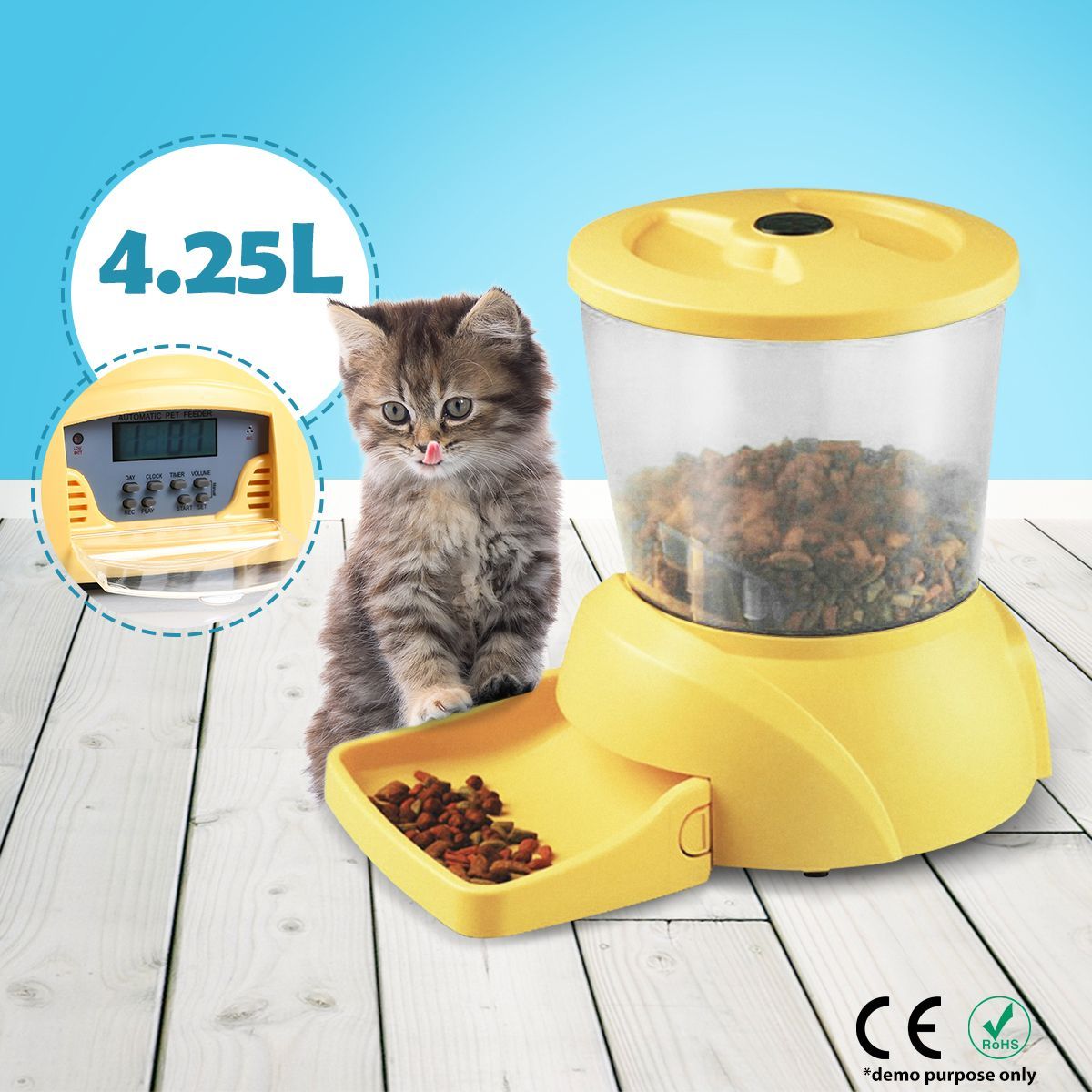 Automatic Pet Feeder with Recordable Message and Built-In Microphone - Yellow