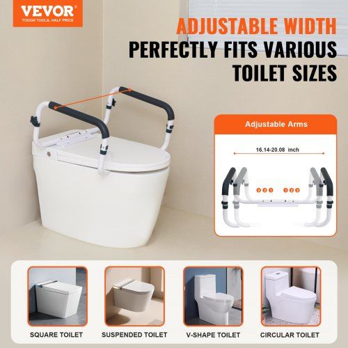 Toilet Safety Rail 136 kg Capacity Toilet Seat Frame Adjustable Width Fit Most Toilets Easy Installation Toilet Handles Grab Bars with Padded Armrests