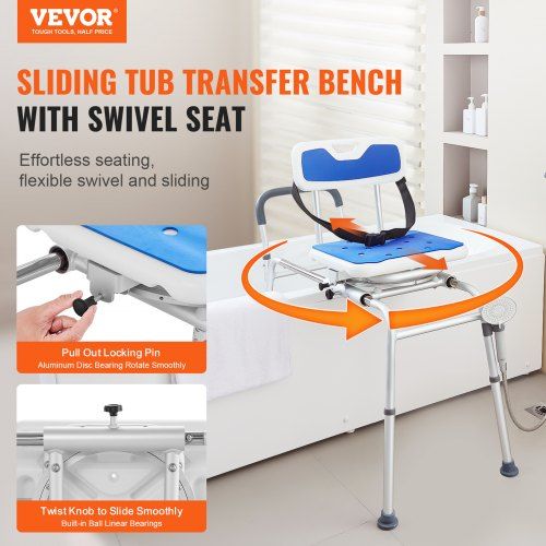 Sliding Tub Transfer Bench Shower Chair with 360 Degree Swivel Seat 400LBS