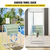 Pool Towel Rack 5 Bar Milky Freestanding Outdoor PVC Curved Poolside Storage Organizer Include 8 Towel Clips Mesh Bag Hook Also Stores Floats and Paddles