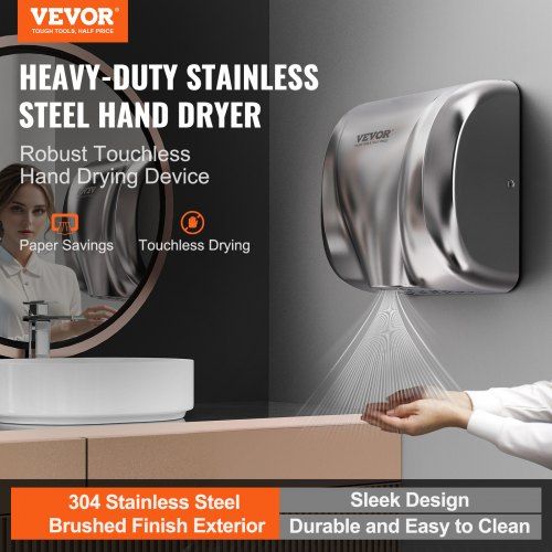 Heavy Duty Commercial Hand Dryer 1800W Automatic High Speed Stainless Steel Warm Wind Hand Blower 220V-240V Plug In/Hardwired Two Power Options Compliant