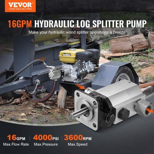 Hydraulic Log Splitter Pump 16GPM 2 Stage 4000PSI Wood Log Splitter Pump 1'' Inlet 1/2'' NPT Outlet 3600 RPM Aluminum Hydraulic Gear Pump