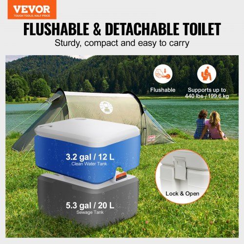 Portable Toilet for Camping Porta Potty with Carry Bag 5.3 Gal Waste Tank & 3.2 Gal Flush Tank Push-Button Pressurized Flush Commode with Level Indicator