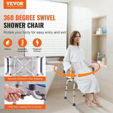 Shower Chair 360° Swivel Tub Shower Seat with Armrests & Backrest 400lbs