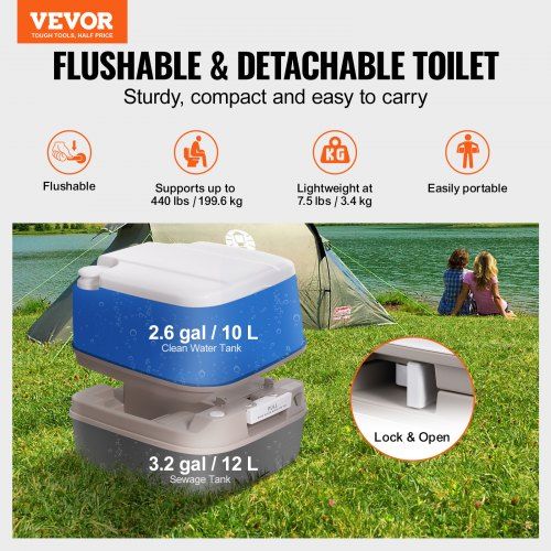 Portable Toilet for Camping Porta Potty with 3.2 Gal Waste Tank & 2.6Gal Flush Tank Push-Button Pressurized Flush Commode with Level Indicator