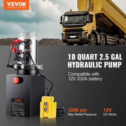 Hydraulic Pump 10 Quart Hydraulic Power Unit Double Acting Dump Trailer Pump 0.91 GPM Flow Rate 3200 PSI Max Relief Pressure DC 12V Hydraulic Pump