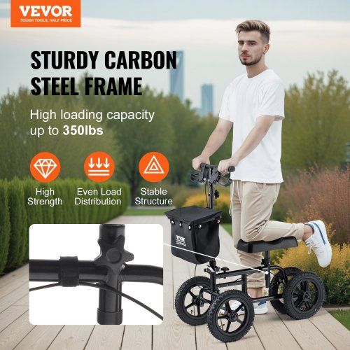 Folding Knee Scooter Carbon Steel Steerable Knee Walker with Height-Adjustable Handlebar & Knee Pad 12" All-Terrain Wheel Dual Brakes Leg Recovery Scooter