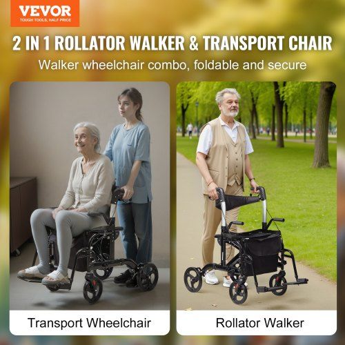 2 in 1 Rollator Walker & Transport Chair for Seniors Folding Rolling Walker Wheelchair Combo & Footrests Lightweight Aluminum Mobility Walker