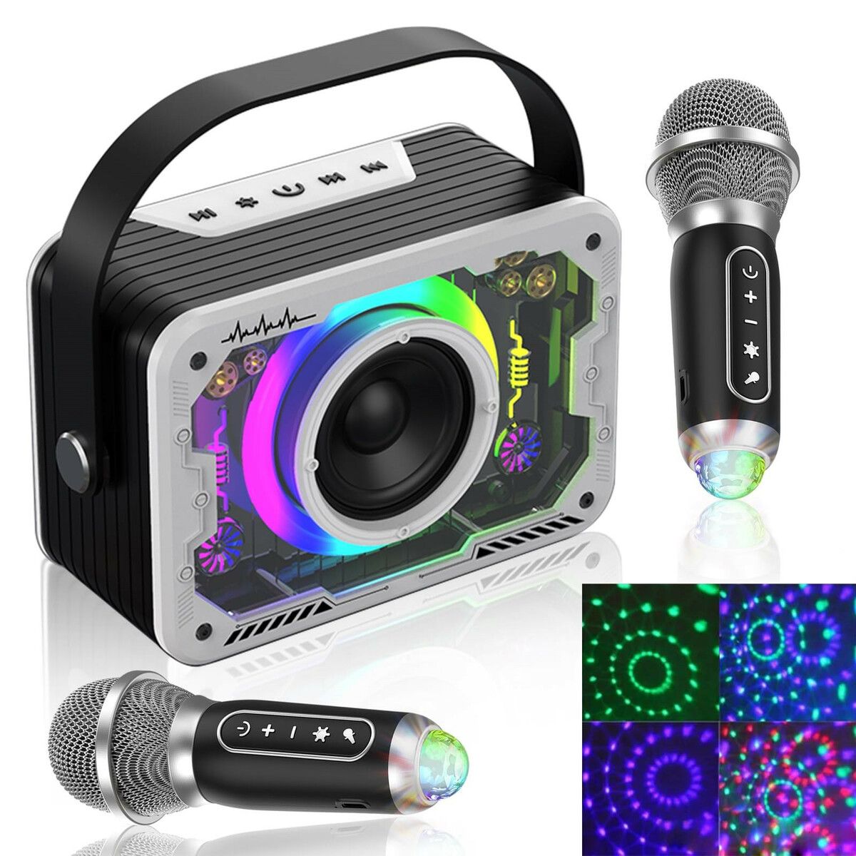 Karaoke Machine 2 Wireless Karaoke Microphones with Disco Lights Portable Bluetooth Speaker, Singing Machine with PA System Supports AUX/USB/TF