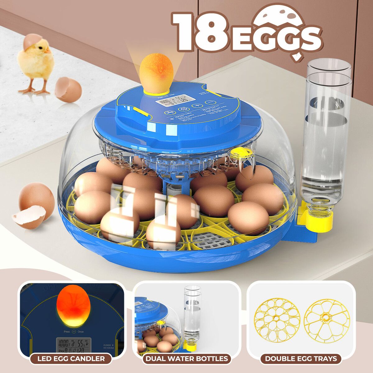 18 Eggs Incubator Hatcher Automatic Double Layer Hatching Machine for Chicken Duck Quail Bird Goose Turkey with Auto Turner Water Adding LED Candler