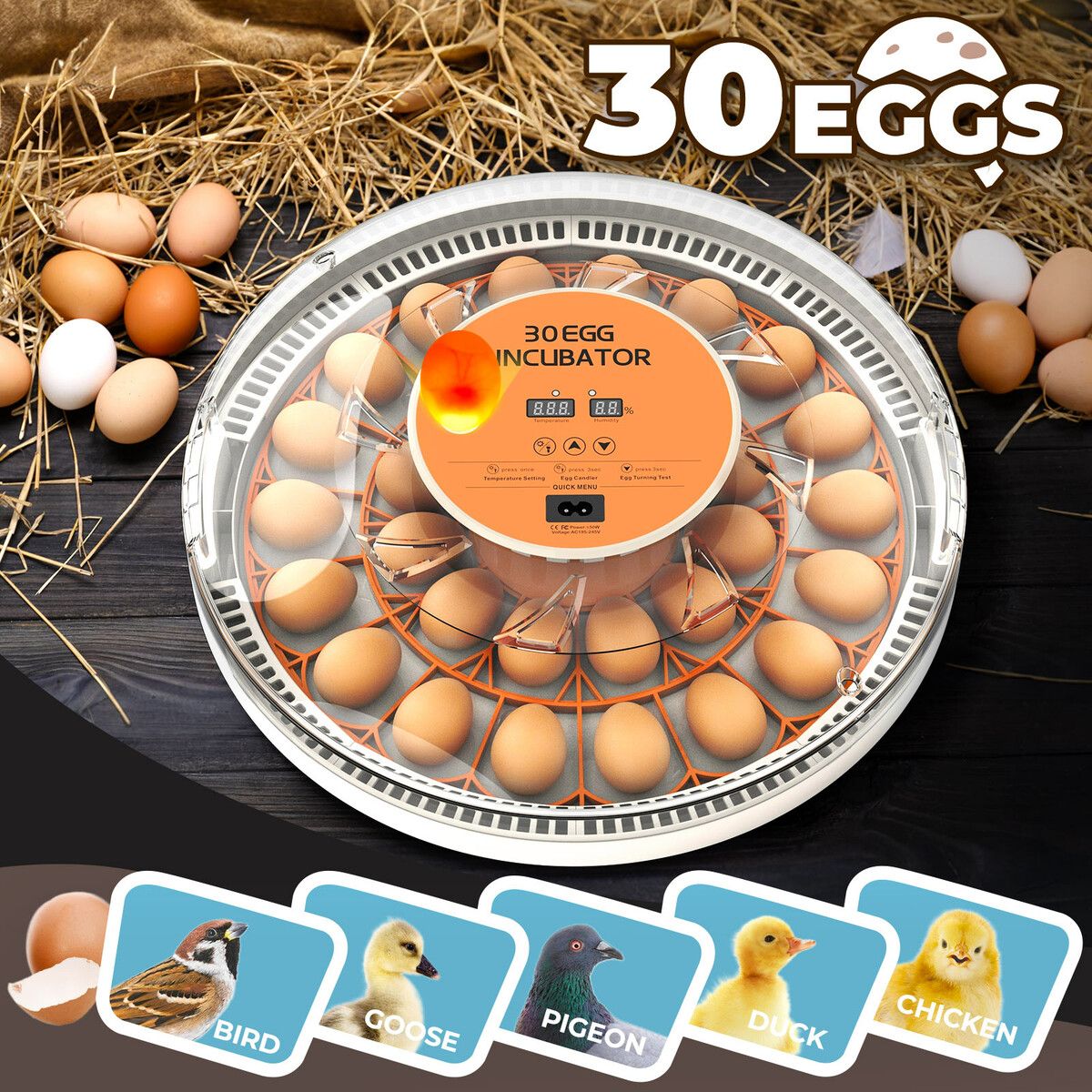 30 Egg Incubator Automatic Hatcher Hatching Hatchery Machine for Chicken Duck Quail Bird Goose Turkey with Auto Turner Humidity Control LED Candler