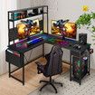 Corner Gaming Desk L Shaped Computer Study Work Table Home Office Workstation Carbon Fibre with RGB LED Light Drawer Shelves Storage Bag Pegboard USB