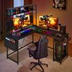 Corner Gaming Desk L Shaped Computer Study Work Table Home Office Workstation Carbon Fibre with RGB LED Light Drawer Shelves Storage Bag Pegboard USB