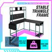 Corner Gaming Desk L Shaped Computer Study Work Table Home Office Workstation Carbon Fibre with RGB LED Light Drawer Shelves Storage Bag Pegboard USB