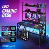 Gaming Computer Desk Home Office Study Work Table Writing Racer Workstation Furniture Black Carbon Fibre with RGB LED Light Shelves Pegboard USB