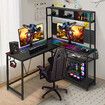 L Shaped Gaming Desk Corner Computer Work Office Study Table Home Furniture Writing Workstation Carbon Fibre with RGB LED Light Shelves Pegboard USB