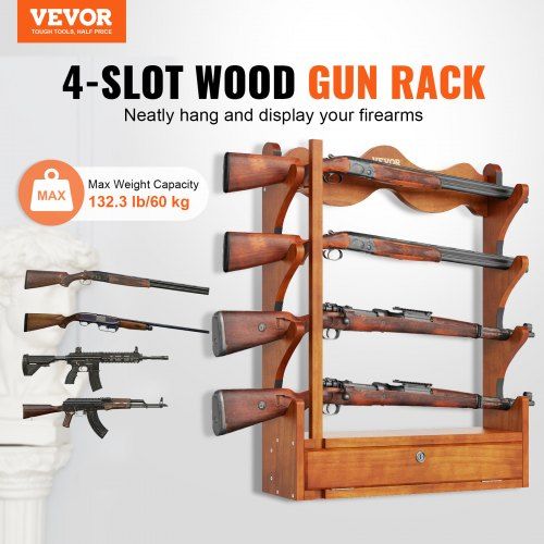 Gun Rack 4-Slot Wood Gun Rack Wall Mount Gun Display Rack holds 4 Rifles