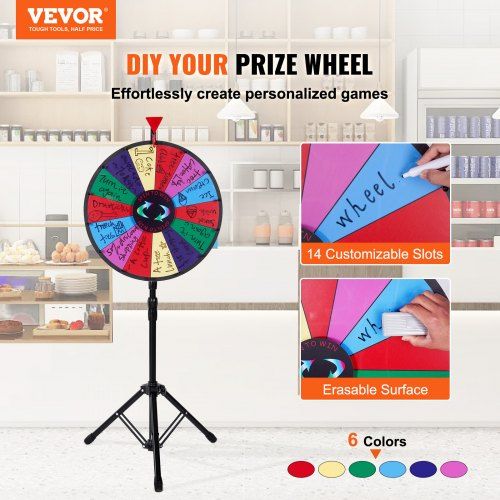 18 Inch Tabletop Color Prize Wheel with Folding Tripod Floor Stand 14 Slots Dry Erase