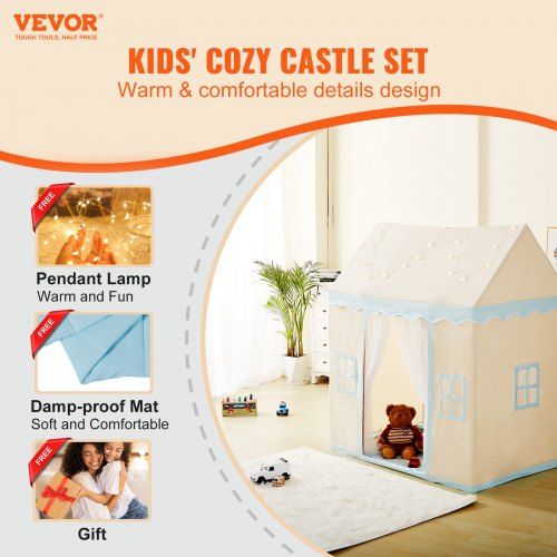 Kids Play Tent Kids Tent for Kids 1-5 Years Old Toddler Tent with Mat and Tent Lamp Tent for Kids with Windows for Indoor & Outdoor Play House Castle Beige