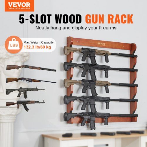 Gun Rack Wood Gun Rack Wall Mount Gun Display Rack holds 5 Rifles Shotguns 132 lb Heavy Duty Wall Storage Display Rifle Rack with Soft Padding