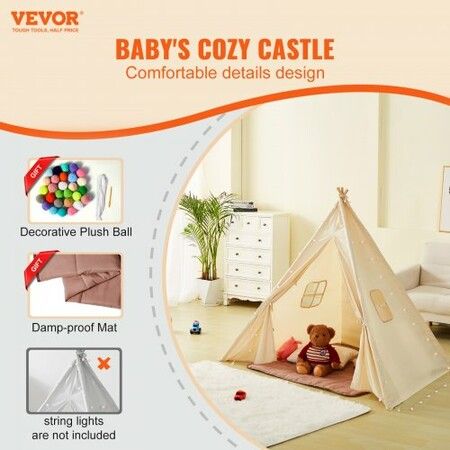 Kids Play Tent Teepee Tent for Kids 1-5 Years Old Toddler Tent with Mat and Plush Decorative Balls Tent for Kids with Windows for Indoor and Outdoor