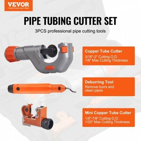 3PCS Tubing Cutter Set 3/16"-2" O.D. Copper Pipe Cutter 1/8"-7/8" O.D. Mini Tube Cutter and Deburring Tool Heavy Duty Pipe Cutter Set