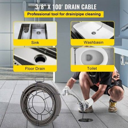 Drain Cable Sewer Cable 100Ft 3/8In Drain Cleaning Cable Auger Snake Pipe