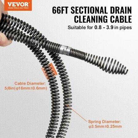 Drain Cleaning Cable 66 FT x 5/8 Inch Professional Sectional Drain Cleaner Cable with 7 Cutters for 0.8" to 3.9" Pipes Hollow Core Sewer Drain Auger Cable