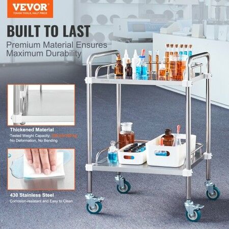 Lab Rolling Cart 2-Shelf Stainless Steel Rolling Cart Lab Serving Cart with Swivel Casters Dental Utility Cart for Clinic Lab  Hospital Salon