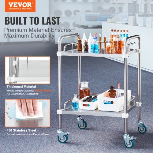 Lab Rolling Cart 2-Shelf Stainless Steel Rolling Cart Lab Serving Cart with Swivel Casters Dental Utility Cart for Clinic Lab Hospital Salon