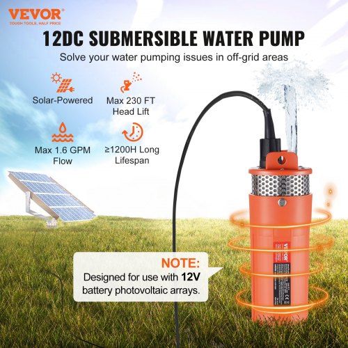 Solar Water Pump DC 96W Submersible Deep Well Pump Max Flow 1.6 GPM Max Head 70 m Max Submersion Depth 30 m Solar Powered Water Pump