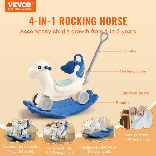 4 in 1 Rocking Horse for Toddlers 1-3 Years Baby Rocking Horse with Detachable Balance Board Push Handle and 4 Smooth Wheels Support up to 80 lbs HDPE