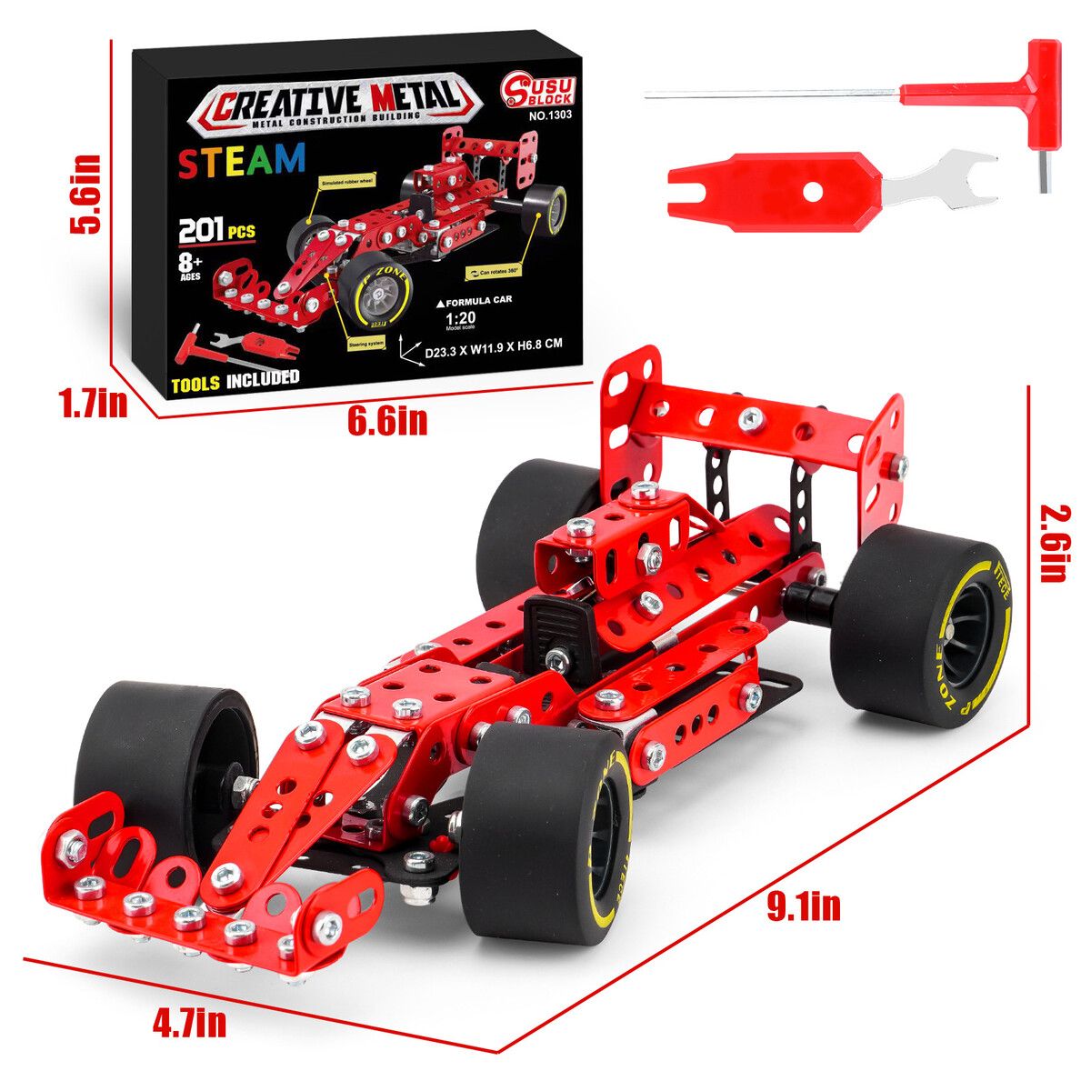 Car Building Kits 201Pieces Building Cars Metal Erector Set Racing Car Building Kits Assembly Red Vehicle  Kids Boys  Chirstmas Birthday Gift